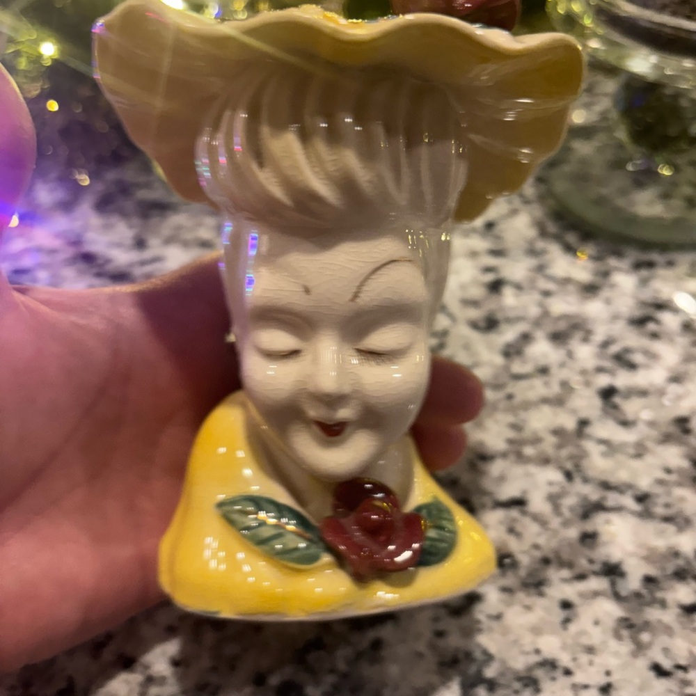 Charming Lady Head Vase with Yellow Hat and Red Rose